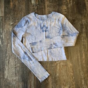 Y2K Blue Tie-Dye Long Sleeve Crop Top Size Small Streetwear Whimsy